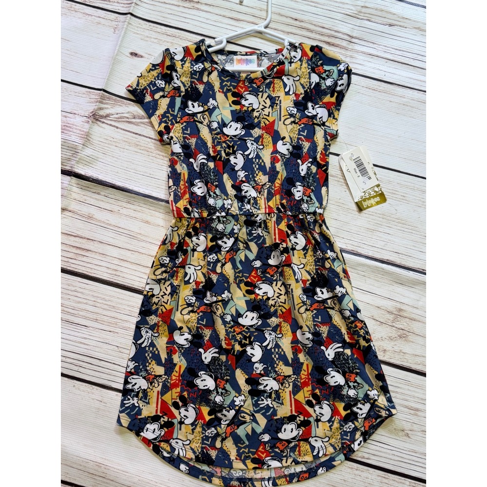LuLaRoe Disney Mae Dress Mickey Mouse Retro Geometric Print Kids Size 8 NWT